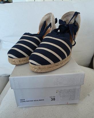 espadrillas con lacci zeppa 7 blu righe panna 38