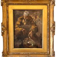 Olio su tela, pittura, Vecchio col fiasco