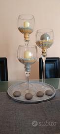 3 bicchieri decorativi con vassoio in legno