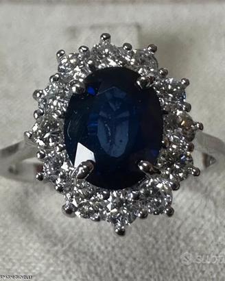 ANELLO ORO BIANCO 18kt. DIAMANTI E ZAFFIRO BLU