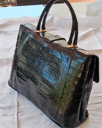 Borsa vintage in pelle di coccodrillo nera