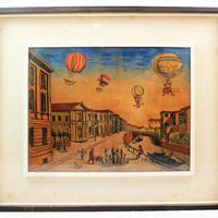 Quadro vintage disegno venezia mongolfiera 59x50