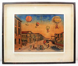 Quadro vintage disegno venezia mongolfiera 59x50