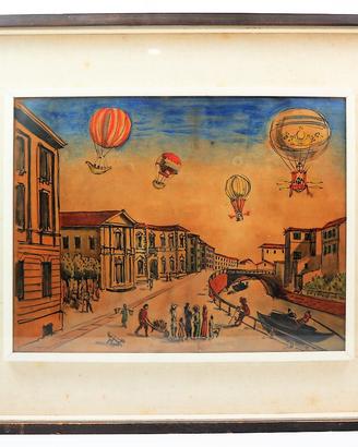 Quadro vintage disegno venezia mongolfiera 59x50