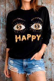 Felpa girocollo nera HAPPY con occhi paillettes •