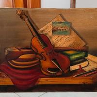 Quadro natura morta con violino dipinto a mano.