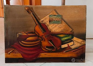 Quadro natura morta con violino dipinto a mano.