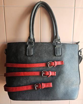 Borsa pelle Nera con Dettagli Rossi e Fibbie 42x27