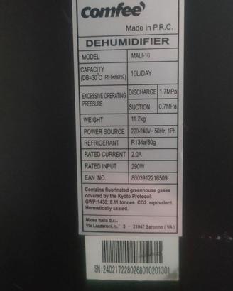 Deumidificatore Comfee MALI-10 – 10 L/24h – Pari a