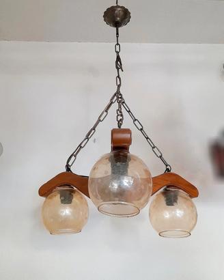 Lampadario rustico in legno catena metallo 3 luci