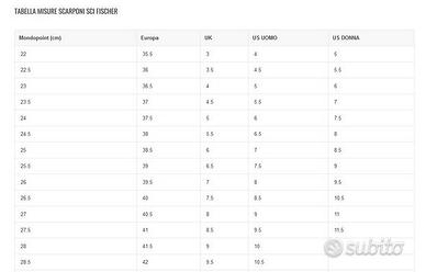 Tabella misure scarponi clearance sci