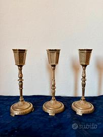 Tre portacandele in ottone vintage lavorate