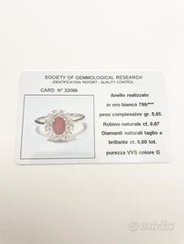 Anello oro 18KT rubino 0.67 diamanti 0.60 VVS G
