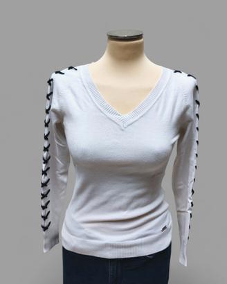 maglia GUESS bianca con manica inserti intrecciati