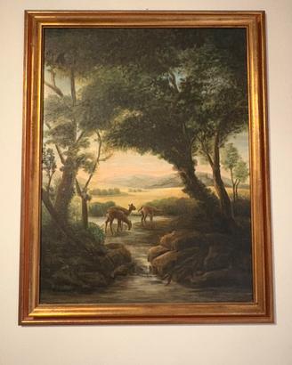 Olio su Tela - Paesaggio Arcadico con Cervi