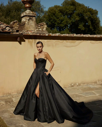 Abito sposa nero con brillantini oro in mikado