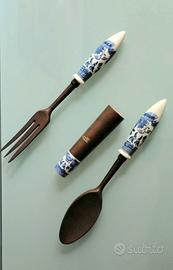 Set insalata vintage legno e ceramica anni 60