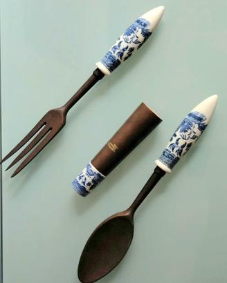 Set insalata vintage legno e ceramica anni 60