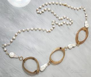 Collana lunga in gold filled 18 kt, perle e corno