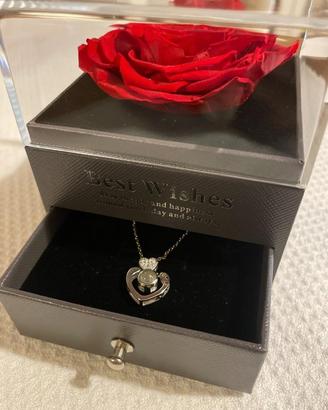 Collana + ciondolo + cofanetto + rosa stabilizzata