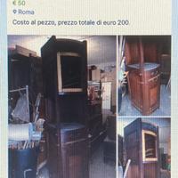 4 credenze intarsiate in legno da restaurare