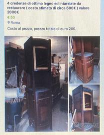 4 credenze intarsiate in legno da restaurare