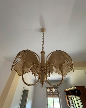 Lampadario vintage 3 luci con vetri fumé decorati