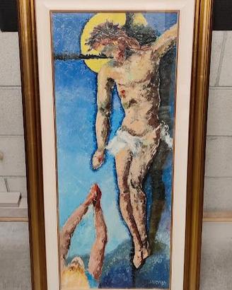 Dipinto di Gesù in croce con donna in preghiera