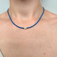 Collanina acciaio perline vetro blu e perla fiume 