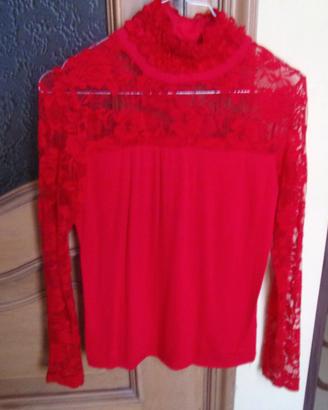 Elegante maglia collo maniche velo, rossa made Ita