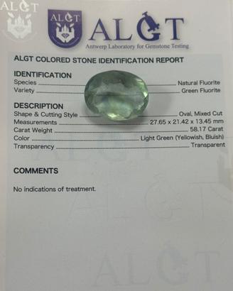 Fluorite 58.17 ct ALGTvalore stimato 1.200-1.400€