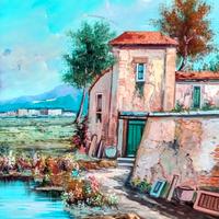 Quadro con paesaggio dipinto a mano su tela firmat