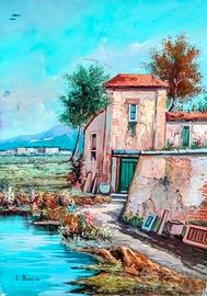 Quadro con paesaggio dipinto a mano su tela firmat