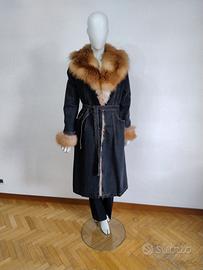 cappotto demin bordo e collo pelliccia di volpe