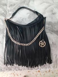Borsa Primadonna in ecopelle nera con frange NUOVA