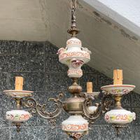Lampadario vintage ottone e ceramica + 2 abat jour