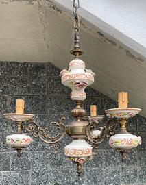 Lampadario vintage ottone e ceramica + 2 abat jour