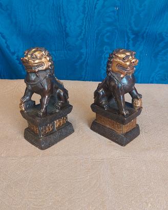 Coppia Sculture Cani Foo Arte Cinese In Bronzo Pat
