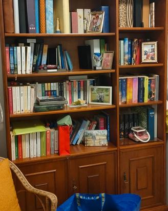 Mobile libreria in noce e armadio contenitore.