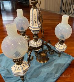 Lampadario a 3 bracci metallo e ceramica-anni ‘60