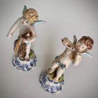 Coppia di Angeli Vintage in Porcellan Dipinta Mano