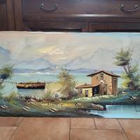 pittura su tela paesaggio casa mare barca