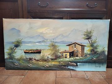pittura su tela paesaggio casa mare barca