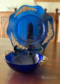 CENTROTAVOLA IN CRSTALLO BLU COBALTO E ARGENTO