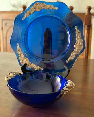 CENTROTAVOLA IN CRSTALLO BLU COBALTO E ARGENTO