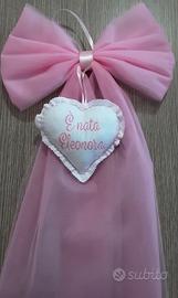 Fiocco nascita rosa in tulle con cuore centrale 