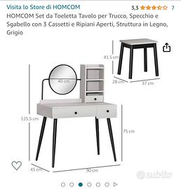 HOMCOM Set da Toeletta Tavolo per Trucco, Specchio e Sgabello con 3  Cassetti e Ripiani Aperti, Struttura in Legno, Grigio
