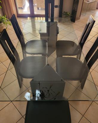 Tavolo in cristallo con piedi in marmo + sedie
