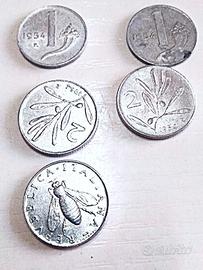 lotto di 5 monete da lire 1 e lire 2 anno 1954