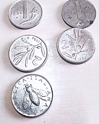 lotto di 5 monete da lire 1 e lire 2 anno 1954